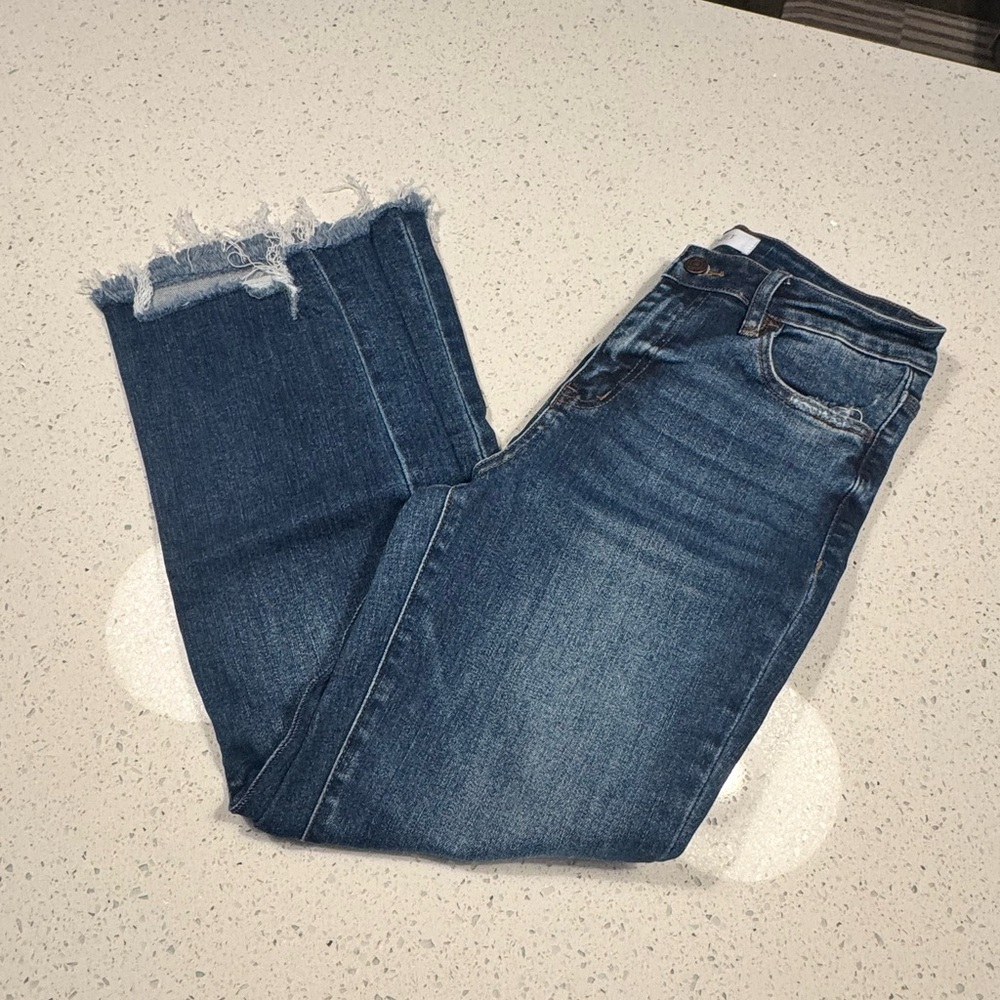 Women's Frayed Hem Dark Blue Stretch Jeans